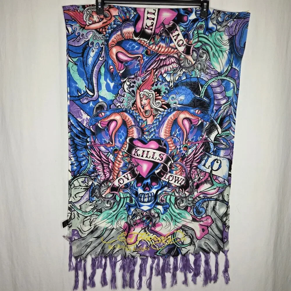 Ed Hardy Y2K Love Kills Slowly Snakes Mermaid Purple Blue Fringe Scarf Wrap NEW